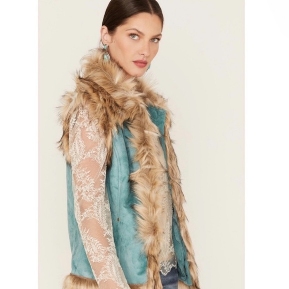 Tasha Polizzi Y2K Penny Lane Suede Faux Fur Luxe Sleeveless Vest Turquoise Teal - Picture 14 of 16